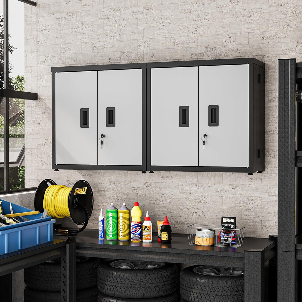 ROOMTEC Foldable Wall Mounted Garage Cabinet, Metal Storage Cabinet with Doors, Lockable Garage Storage Cabinet with Fixed Shelf, Retractable Design for Shop, Utility Room, Workshop, Black & Grey