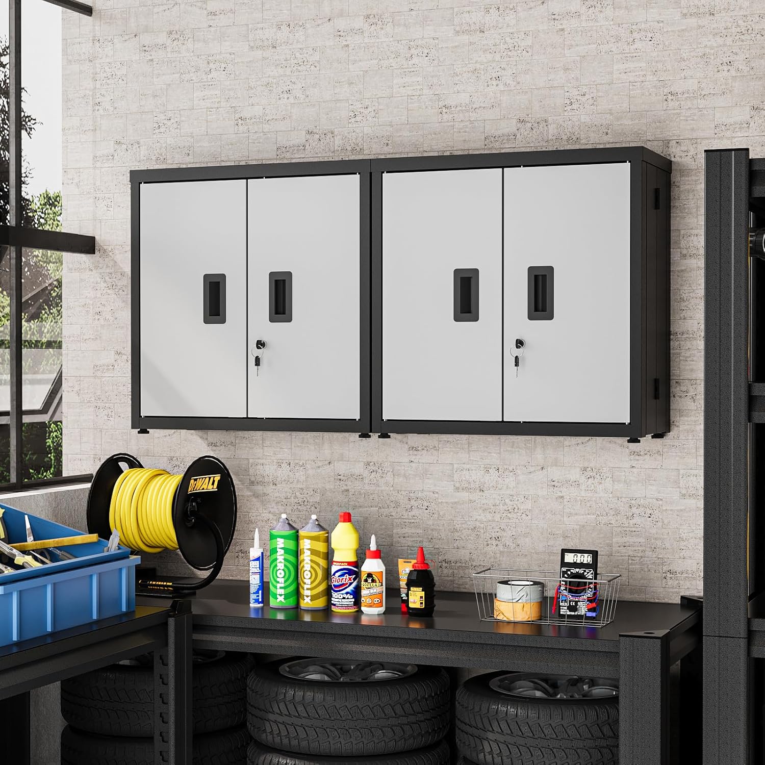 ROOMTEC Foldable Wall Mounted Garage Cabinet, Metal Storage Cabinet with Doors, Lockable Garage Storage Cabinet with Fixed Shelf, Retractable Design for Shop, Utility Room, Workshop, Black & Grey