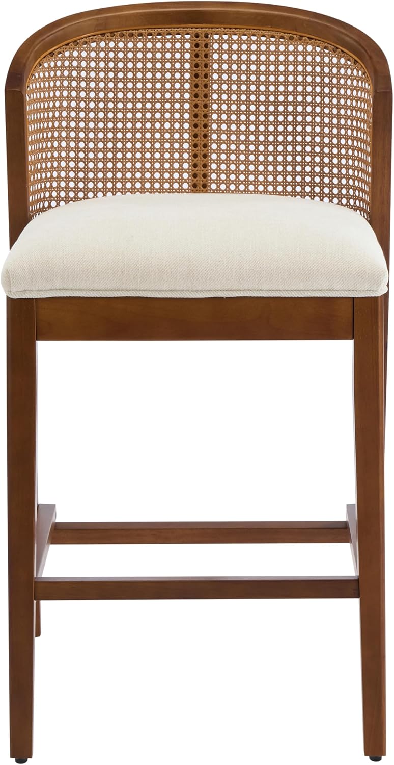 Christopher Knight Home JENA Rattan Counter Stools Set of 2, Counter Height Bar Stools for Bar Table, Rubberwood Frame with Upholstered Barstools, Wood Accent Chair with Footrest, Beige + Walnut