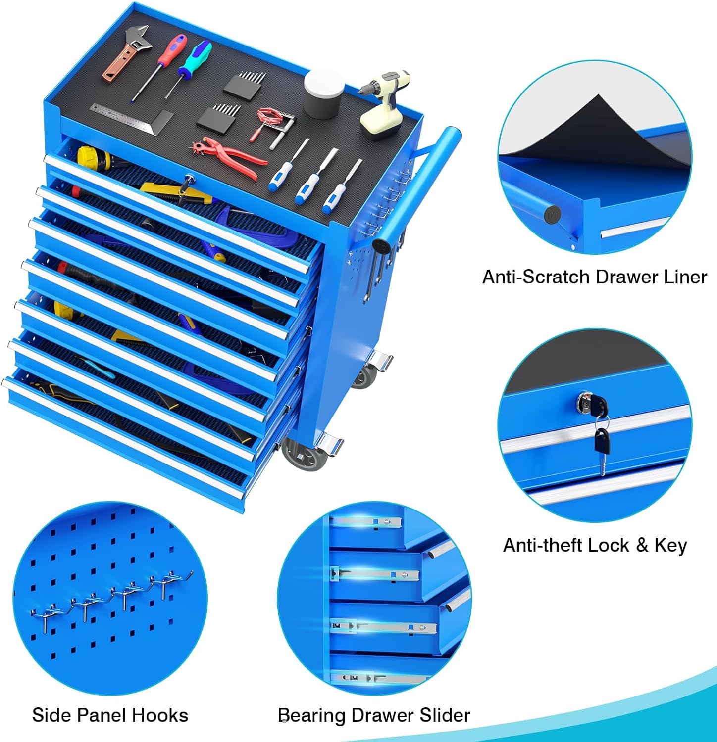7 Drawers Metal Rolling Tool Chest, Portable Storage Tool Box with Wheels, Toolbox on Wheels for Warehouse, Garage, Repair Shop and Tool Room