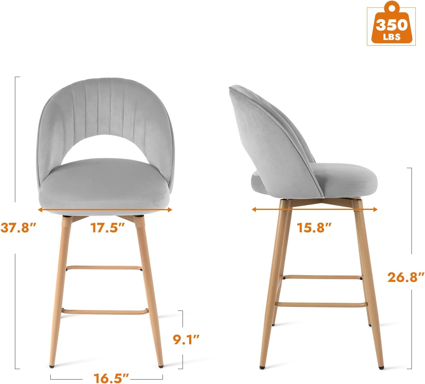 Swivel Bar Stools Set of 3, Counter Height Barstools for Kitchen Island, 26" Seat Height Bar Chairs for Dining Room, Velvet Upholstered Bar Stool with Back and Footrest, Gray