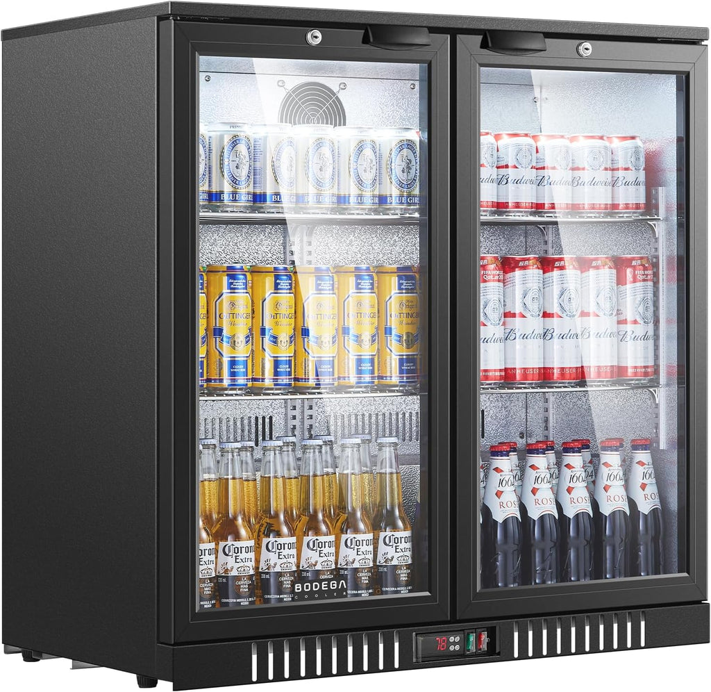 BODEGACOOLER 35.4 Inch Under Counter Beverage Refrigerator, 2 Door Back Bar Cooler, Dual Zone 32–50°F, 7.4 Cu.Ft Built-in or Freestanding Glass Door Fridge with LED Lighting, Holds 216 Cans/62 Bottles