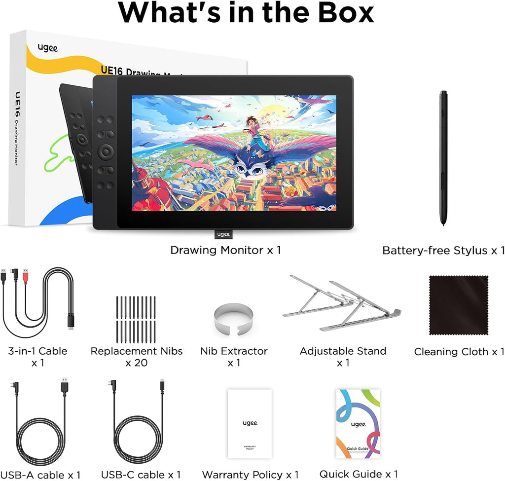 UGEE 15.4 inch Drawing Tablet with Screen .143% sRGB UE16 Computer Graphics Tablet with Full-Laminated Screen 8+1 Hot Keys 16K Level Pressure Battery-Free Stylus .Drawing Pad for PC/Windows/Mac/Android