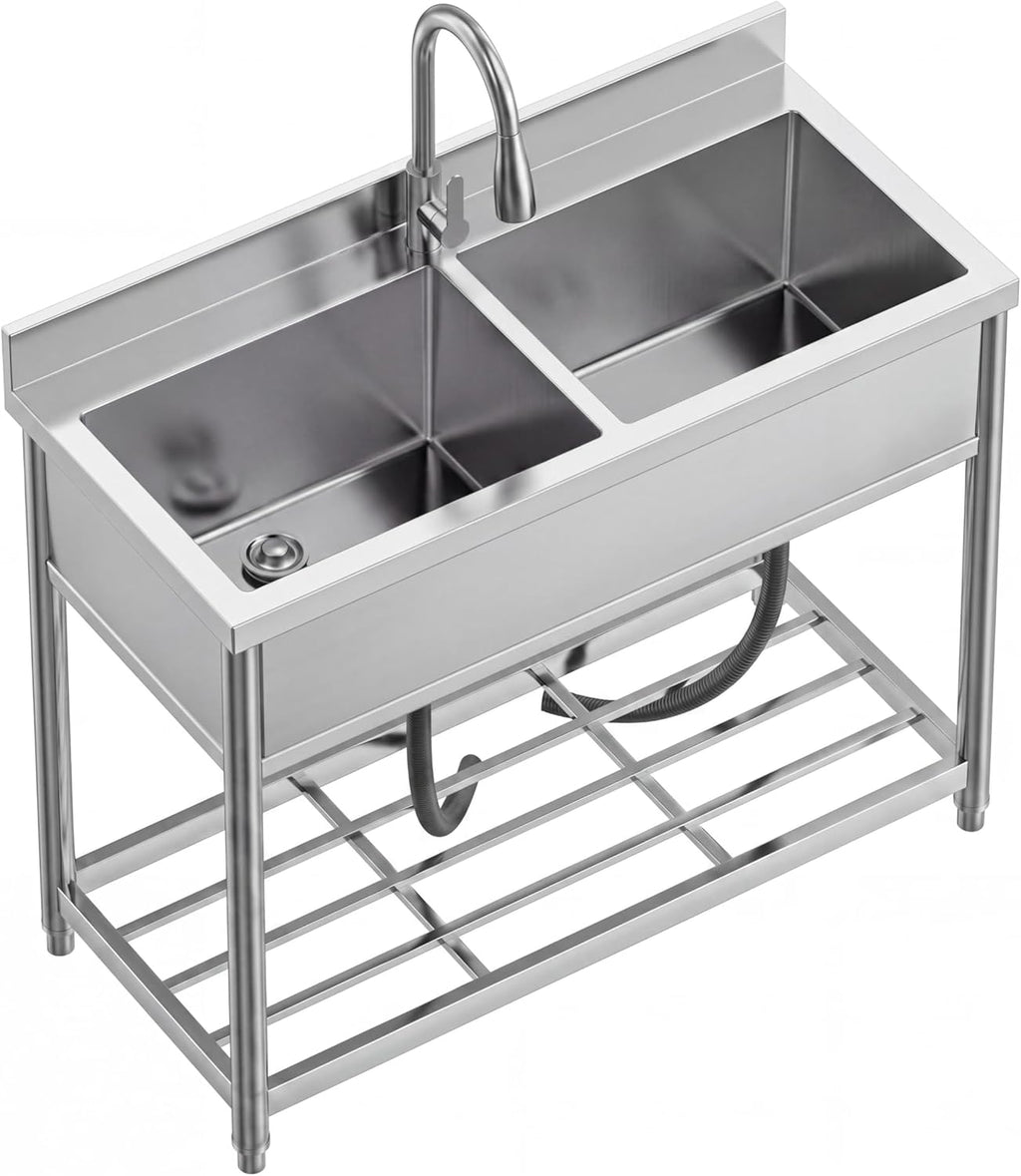 42" x 22" Freestanding Stainless Steel Utility Sink with Pull Down Faucet and Workbench Top, Extra Wide Basin for Laundry Room, Garage, or Workshop