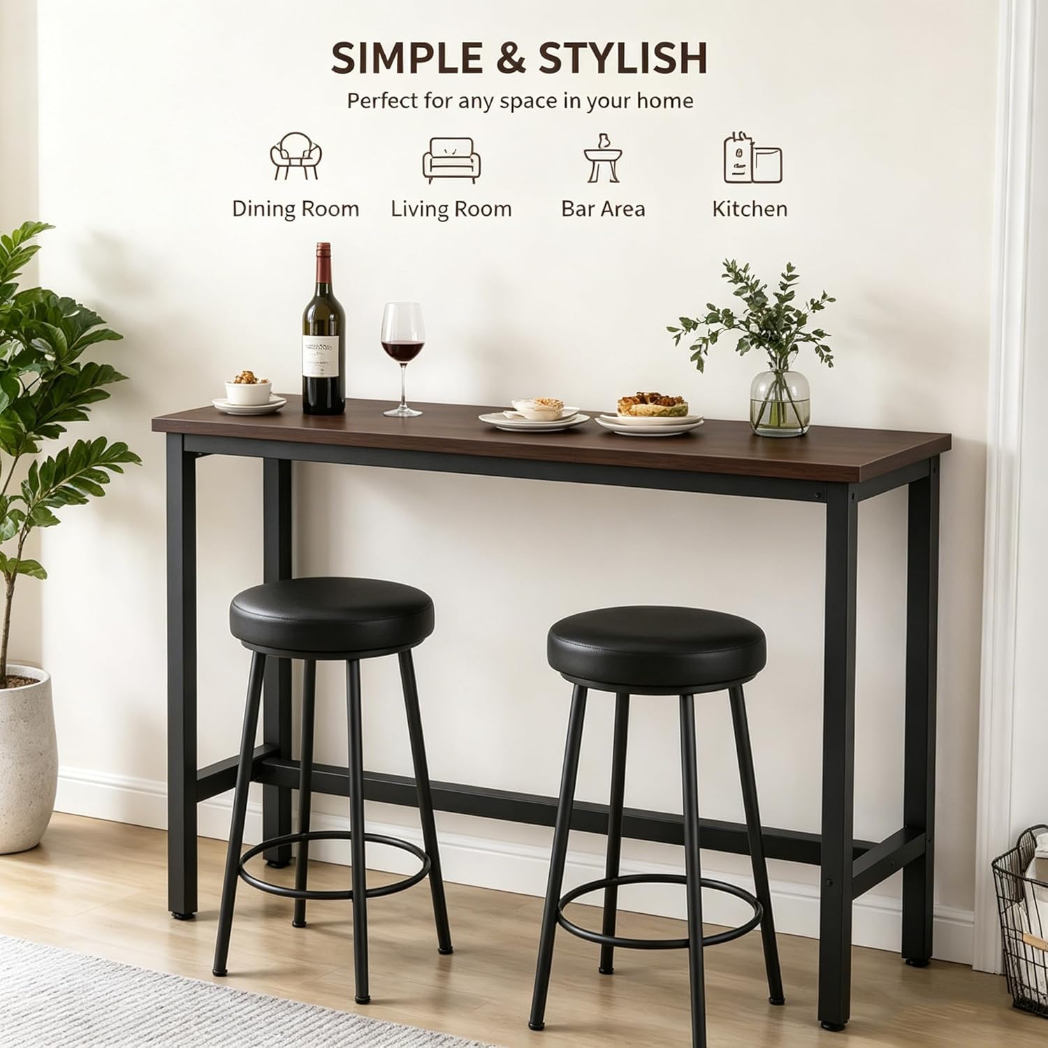 Long Bar Table - 41" Counter Height Narrow Bar Table with Solid Wood Top, Bar Height Table with Metal Frame, Space-Saving Pub Table for Kitchen, Living Room, Behind Couch, Coffee Shop Walnut