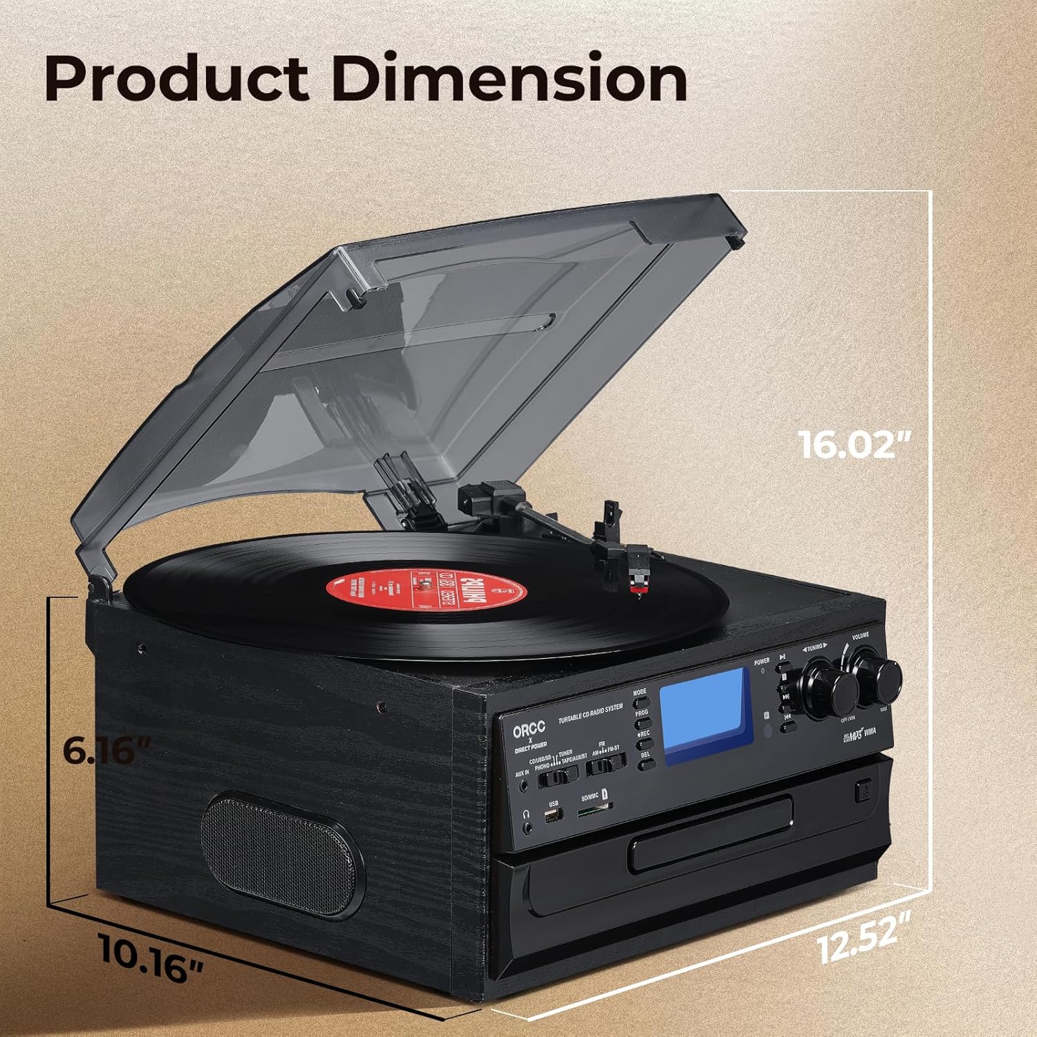 ORCC 10-in-1 Bluetooth Turntable Record Player with Built-in Speaker, Vinyl Turntable CD Cassette and FM/AM Radio Combo, AUX in RCA Out USB MP3 Recording Headphone Jack Compact