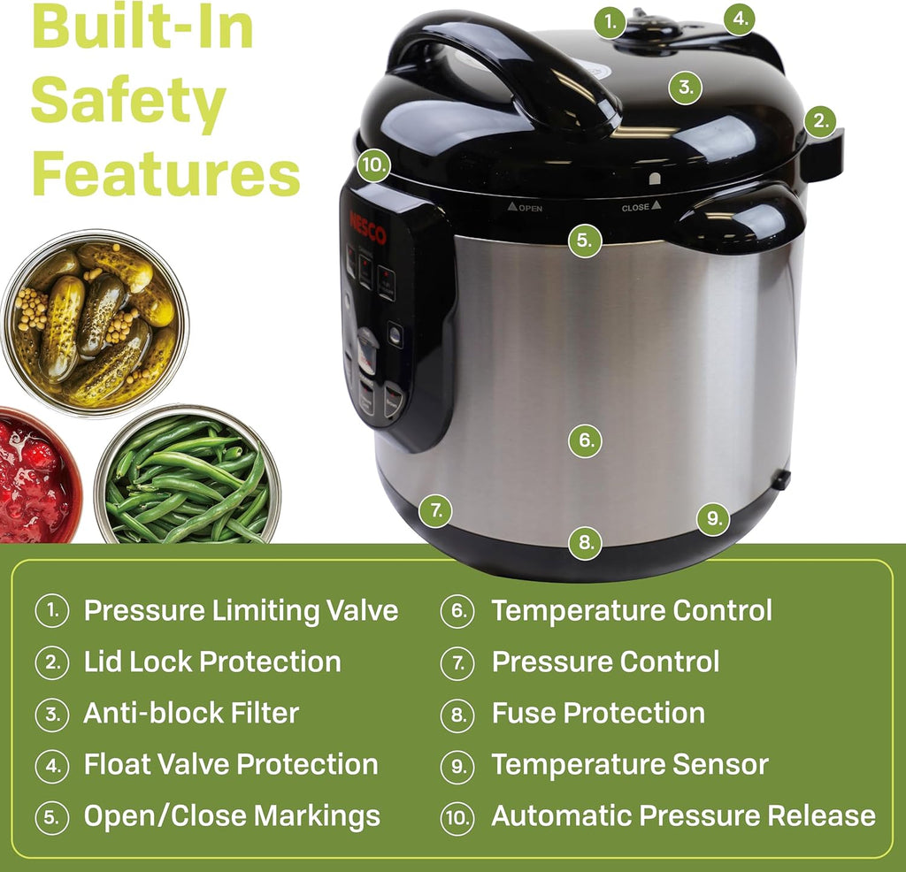 NESCO NPC‑9 Smart Electric Pressure Canner and Cooker for Home Food Preservation, 9.5‑Quart Stainless Steel with Digital Controls