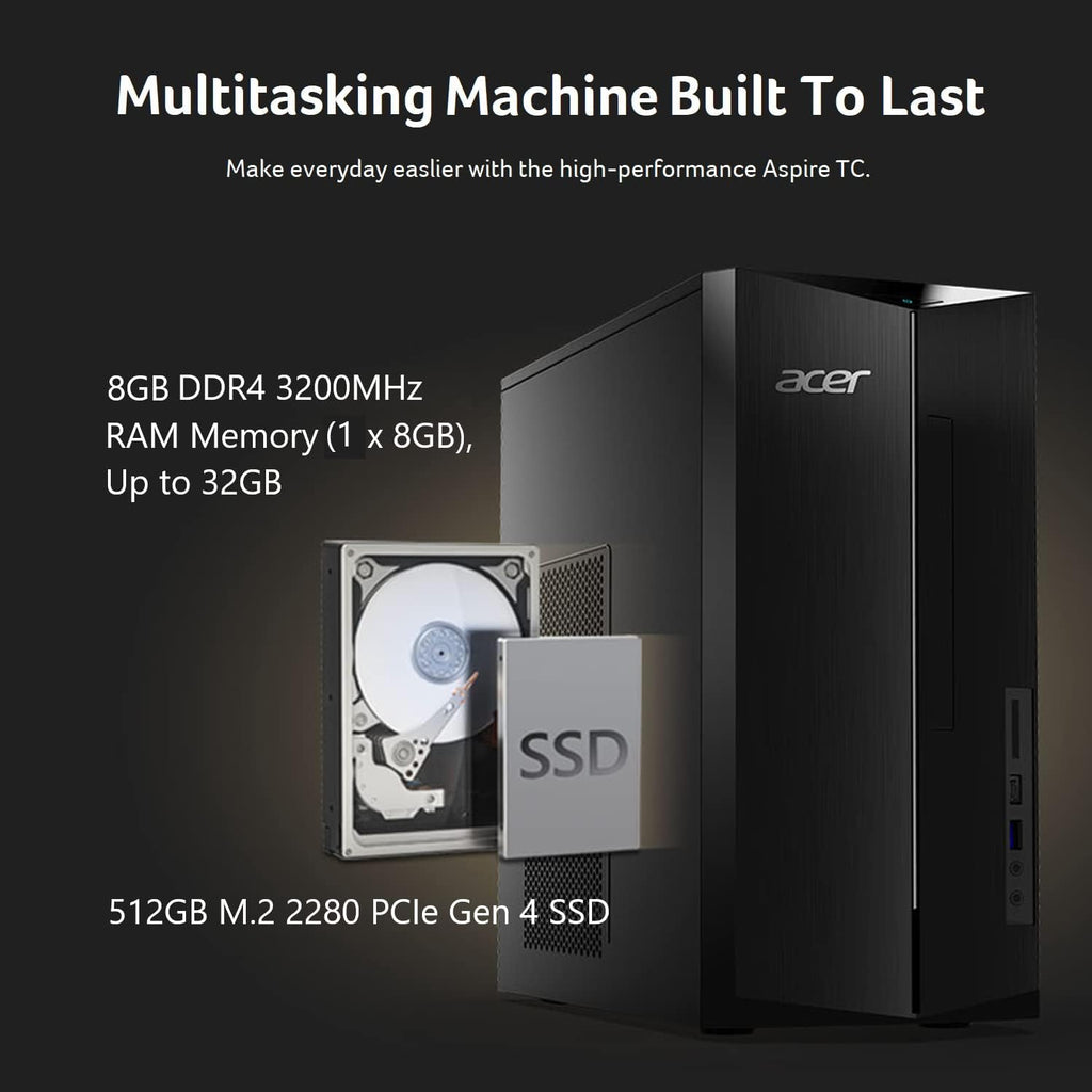 acer Aspire TC-1780-UA92 Desktop | 13th Gen Intel Core i5-13400 10-Core Processor | 8GB 3200MHz DDR4 | 512GB M.2 2280 PCIe Gen 4 SSD | SD Card Reader | Intel Wi-Fi 6E AX211 | Windows 11 Home,Black