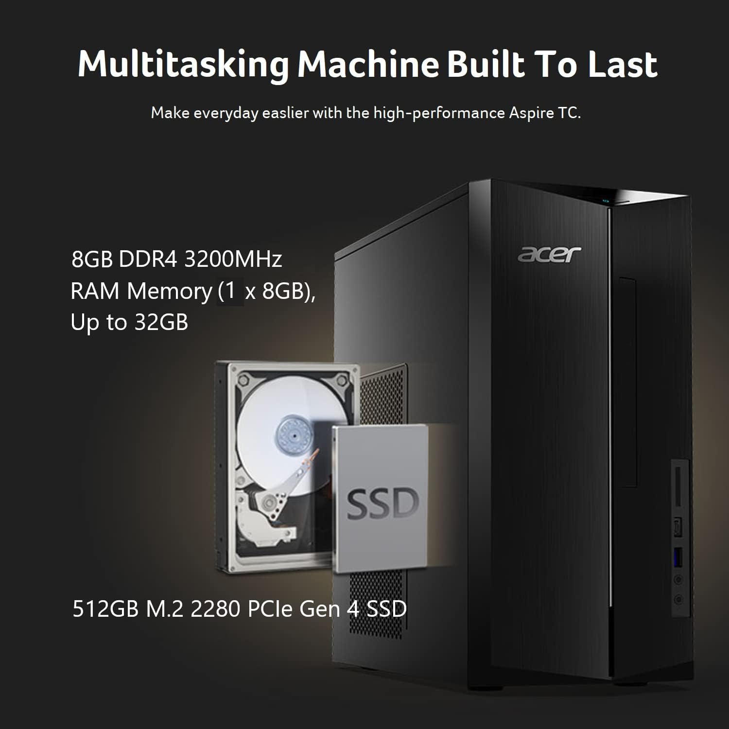 acer Aspire TC-1780-UA92 Desktop | 13th Gen Intel Core i5-13400 10-Core Processor | 8GB 3200MHz DDR4 | 512GB M.2 2280 PCIe Gen 4 SSD | SD Card Reader | Intel Wi-Fi 6E AX211 | Windows 11 Home,Black