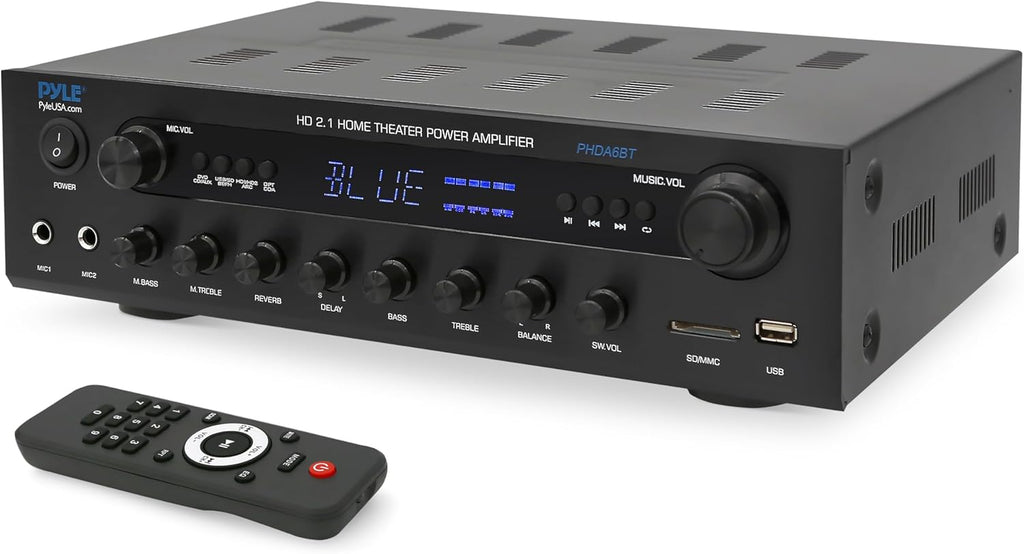 Pyle 400w Home Entertainment Amplifier with Bluetooth - Karaoke Optimized with Dual Mic Inputs with Reverb and Delay, Hi Def in and Out for Home Theater, USB-A Input, SD Card, FM Radio - PHDA6BT