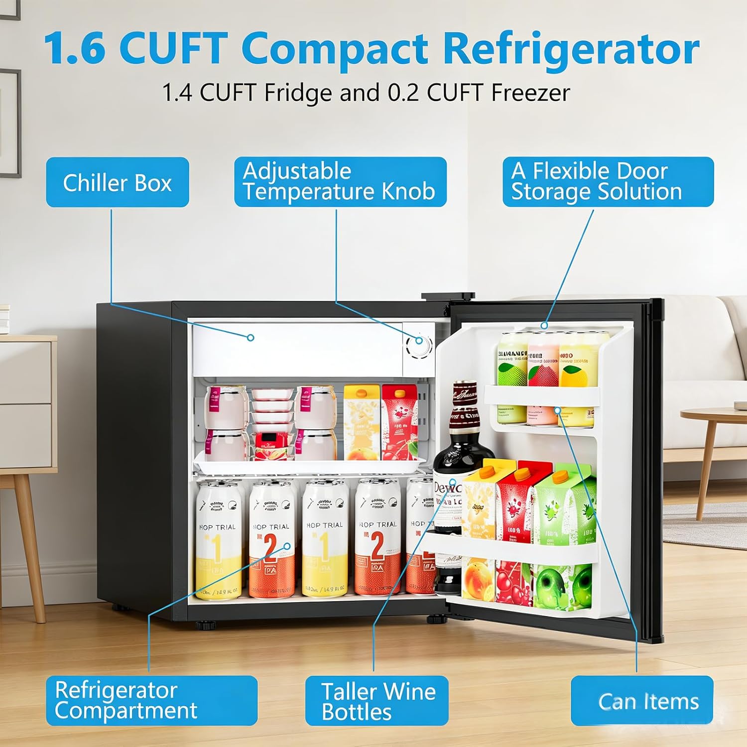Antarctic Star Mini Fridge with Freezer, Rated 1.6 cu.ft, Small Upright Refrigerator with Removable Shelves, 7 Adjustable Thermostat, Low Noise for Bedroom/Apartment/Office,