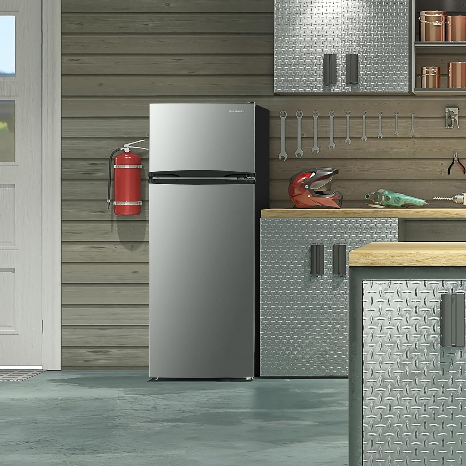 West Bend Apartment Refrigerator Freestanding Reversible Dual Doors Full Fridge with Freezer, Full-Range Temperature Control with Adjustable and Removable Door Bins and Shelves, 7.5-Cu.Ft, Metallic