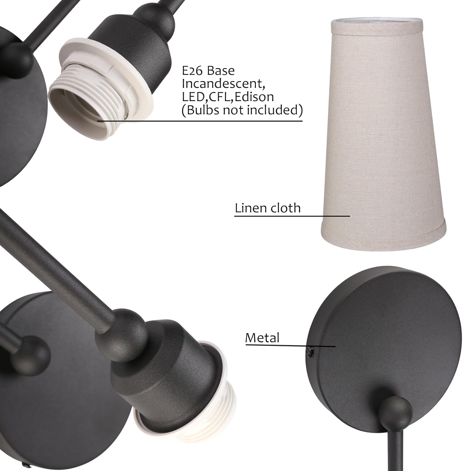Pathson Set of 2 Linen Fabric Wall Sconces, Hardwired Curved Arm Bathroom Vanity Light with Cone Cloth Shade, Black Indoor Wall Decor Lamp for Living Room, Kitchen, Bedroom, Foyer