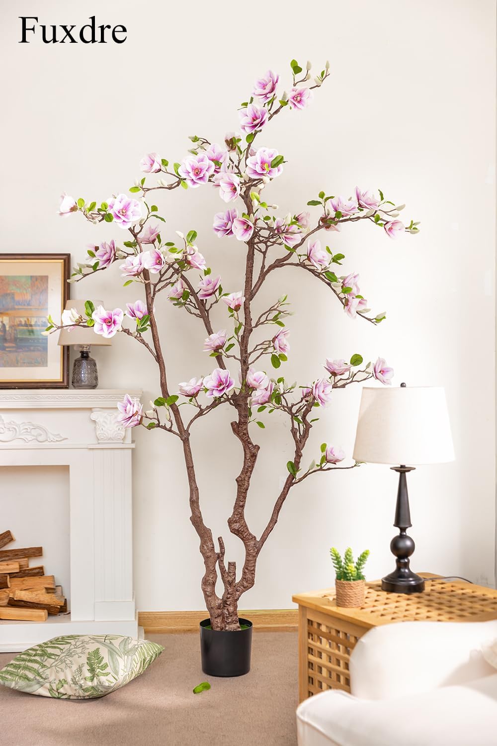 Faux Magnolia Tree 6.8 ft - with 57 Pcs White-Purple Flowers - Tall Artificial Plants Indoor, Large Fake Plant Perfect Potted Magnolia Flower Decor for Living Room, Stairs, Shop, Porch, Study Room