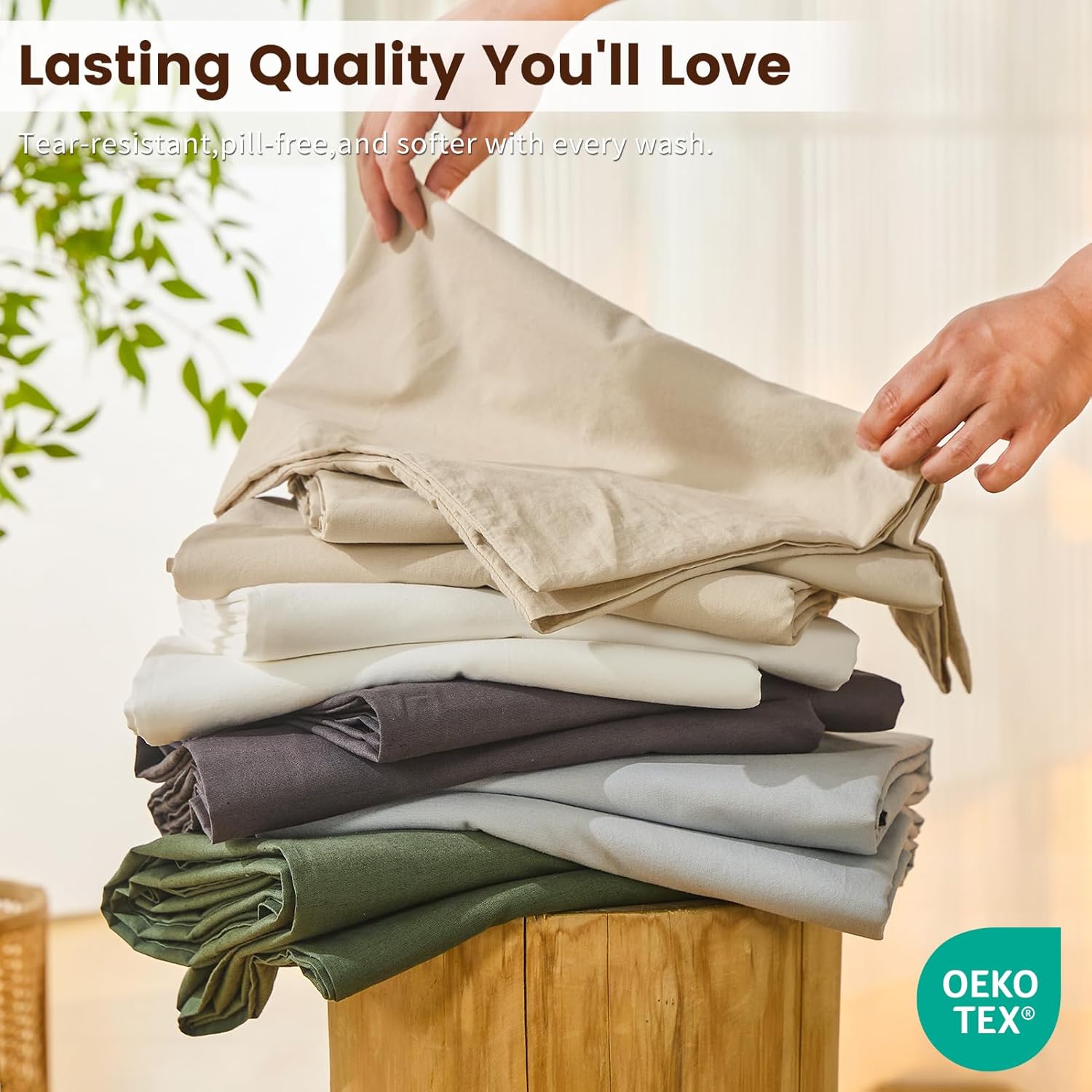 Bedlifes 100% French Pure Linen Sheets Queen Size Breathable and Cooling Flax Sheet Set Soft Durable and Moisture Wicking 16 Inch Deep Pocket-4 Piece(Queen,Linen)
