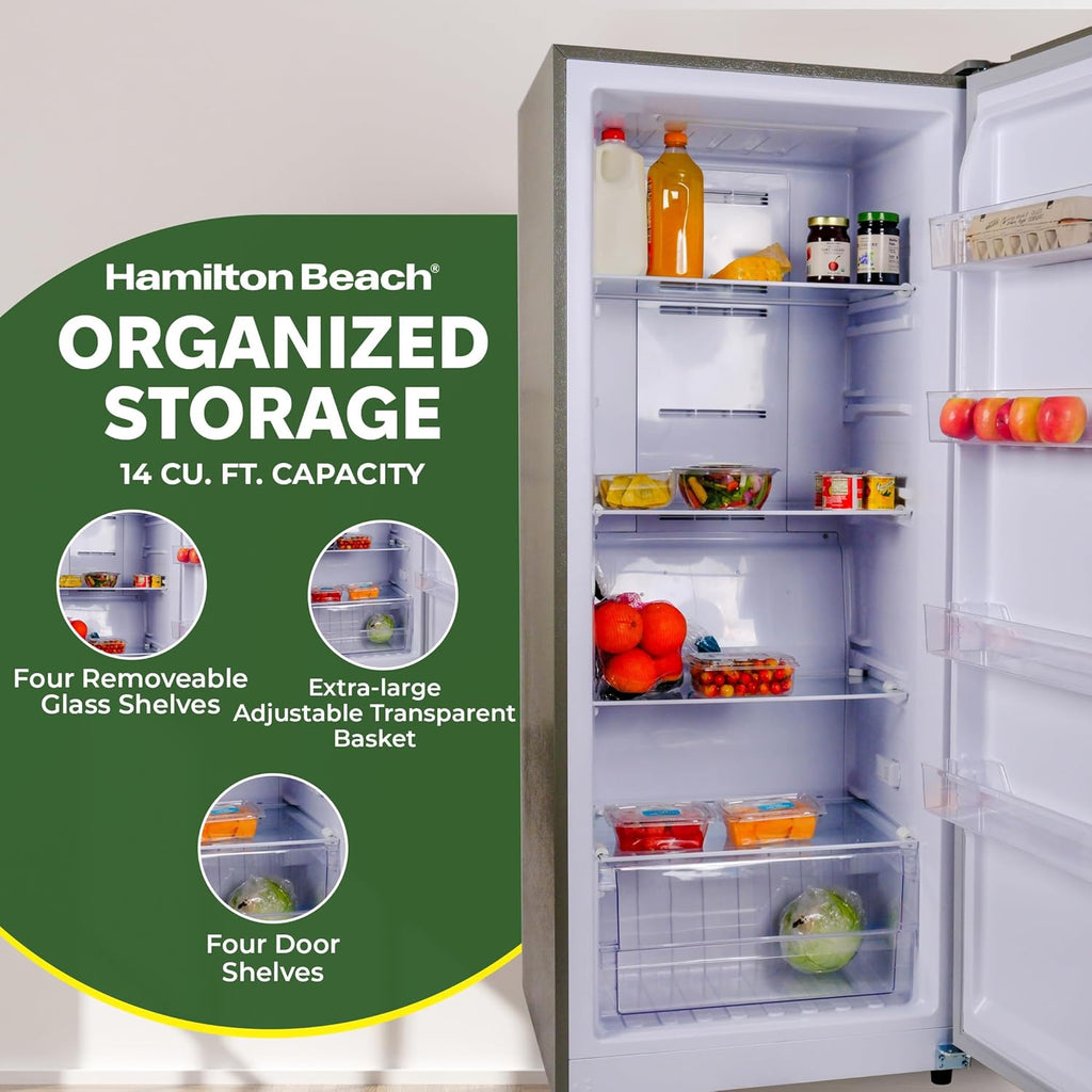 Hamilton Beach HBFRF1495 14 cu ft Upright Convertible Fridge/Freezer-Frost Free-Removable Glass Shelves-LED Interior Light, Stainless