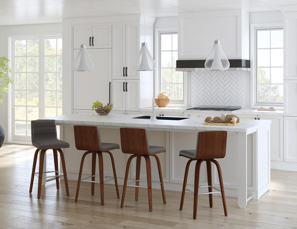 Armen Living Vienna 26" Counter Height Swivel Grey Faux Leather and Walnut Wood Bar Stool