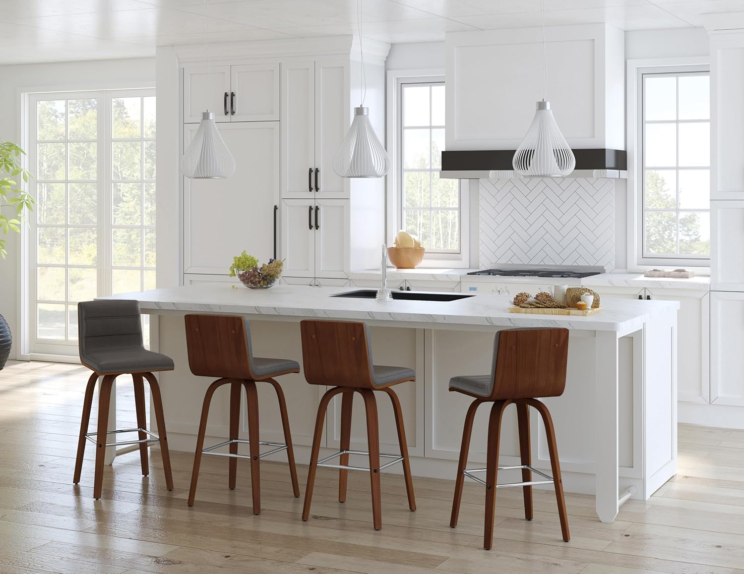 Armen Living Vienna 26" Counter Height Swivel Grey Faux Leather and Walnut Wood Bar Stool