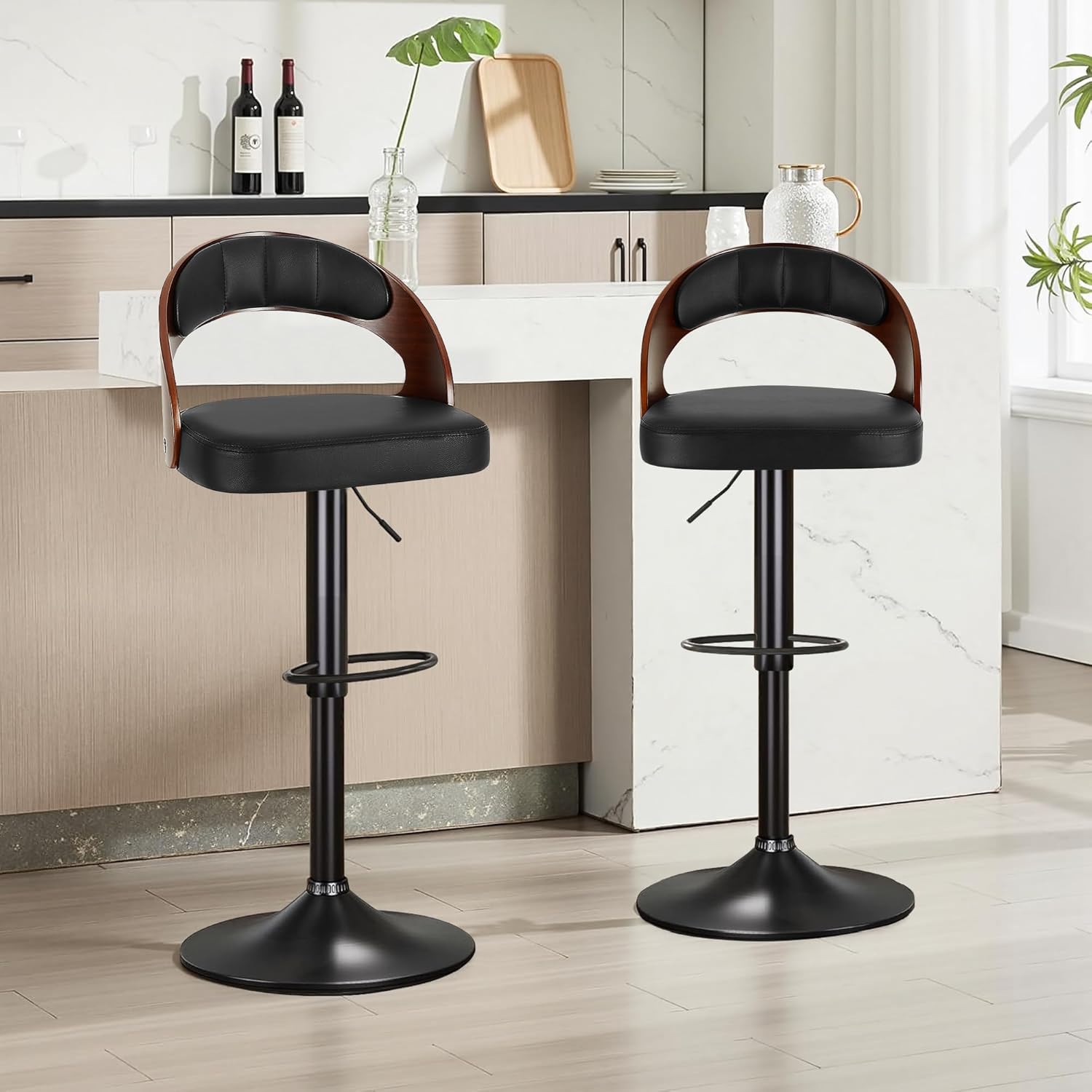 VECELO Bar Stools Set of 2,Counter Height Stools with Bentwood Back&Arm, Swivel Barstools,PU Leather Kitchen Island Stools, Adjustable Height Bar Chairs for Club Pub Dining Room,Black