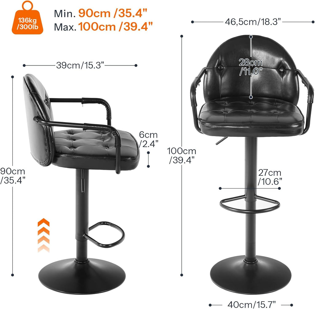 HOOBRO Adjustable Bar Stools, Swivel Bar Stools with Arms and Footrest, PU Upholstered Counter Height Stools, Bar Chairs with Metal Base, for Kitchen, Bar, Living Room, Black BB85BYP201