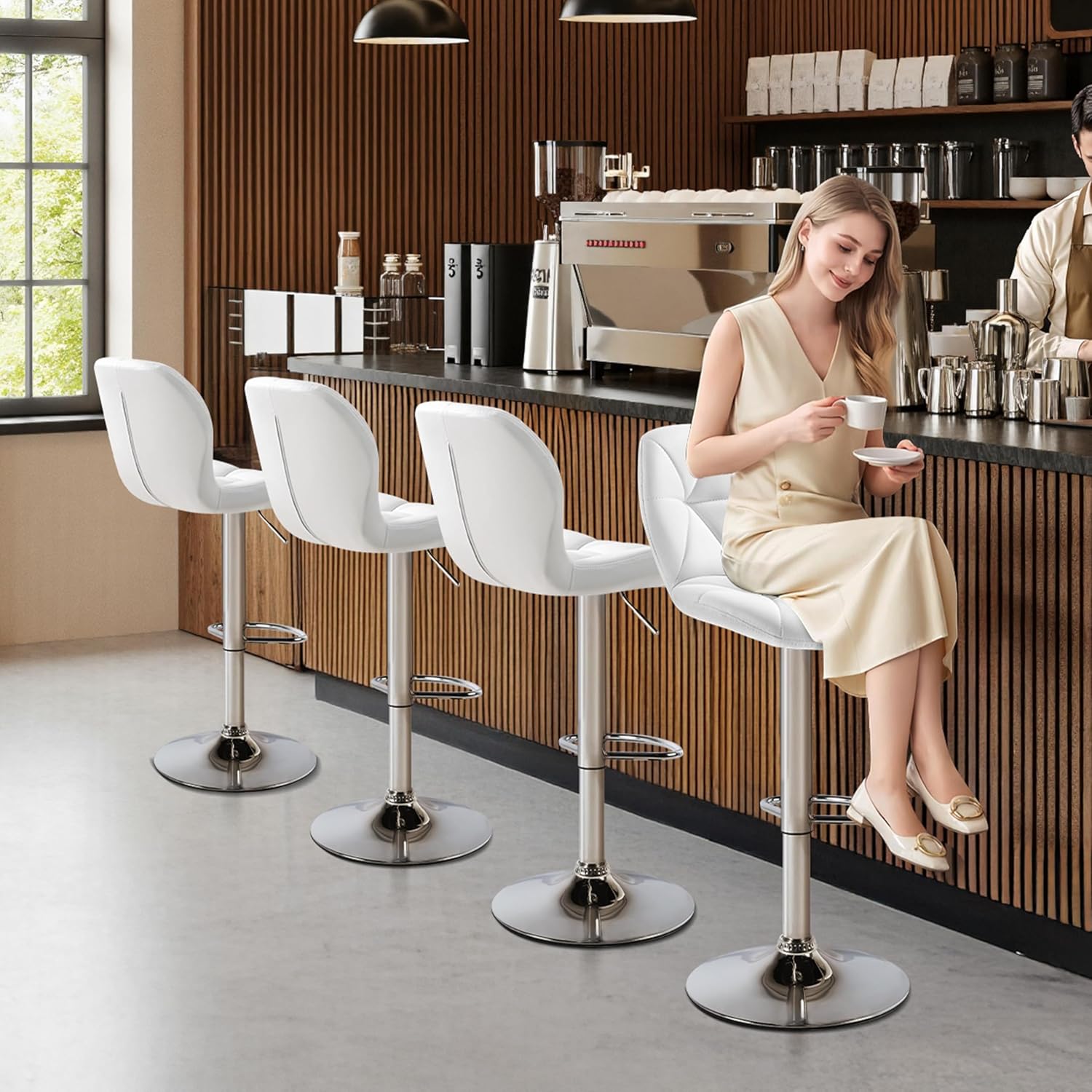 Yaheetech Bar Stools Set of 4, Modern Adjustable Kitchen Island Chairs with Back, 300 lbs Capacity PU Leather Swivel Counter Height Stools, White