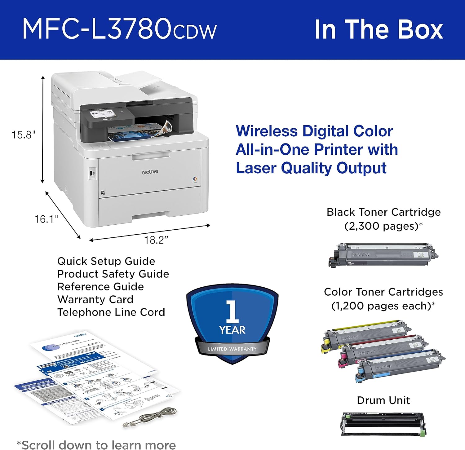 Brother MFC-L3780CDW Wireless Digital Color All-in-One Printer with Laser Quality Output, Single Pass Duplex Copy & Scan | Includes 2 Month Refresh Subscription Trial, Works with Alexa