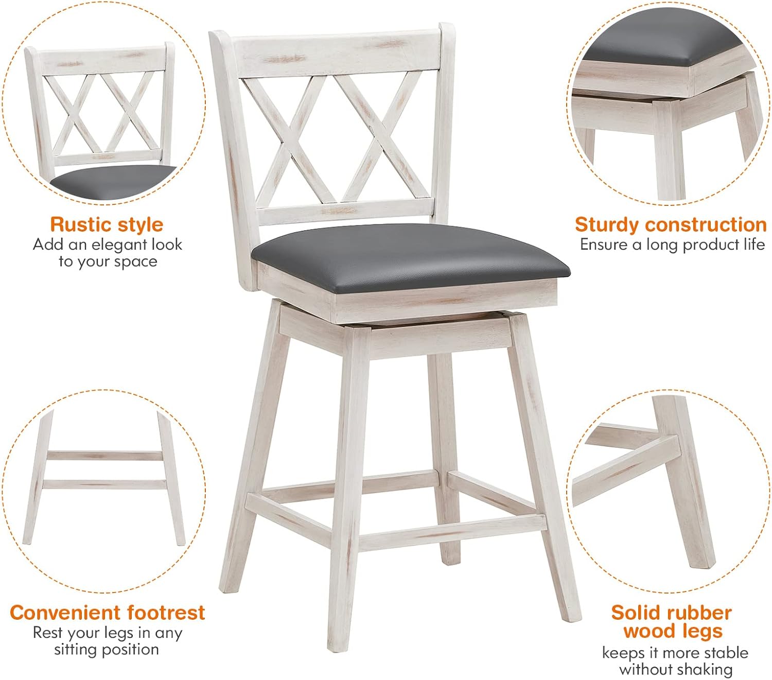 COSTWAY Bar Stool Set of 4, 360 ° Swivel Counter Height 25inch Bar Stool with Foot Rest Upholstered Cushion & Ergonomic Backrest, Sturdy Frame, for Pub, Kitchen Islands (4, Antique White + Grey)