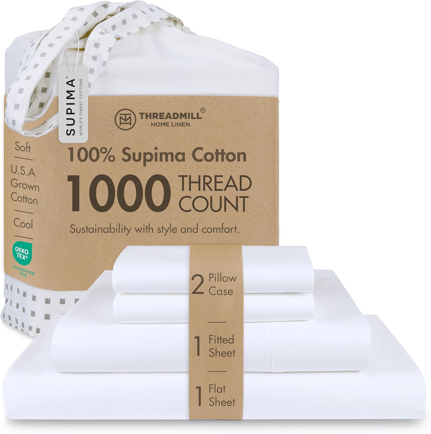 Threadmill 100% American Supima Cotton Sheets King Size - 1000 Thread Count, 4Pc King Size Sheet Set, Smooth Sateen Sheet, Ultra Luxury Bed Sheet, 17" Deep Pocket King Sheet Set - White Sheets