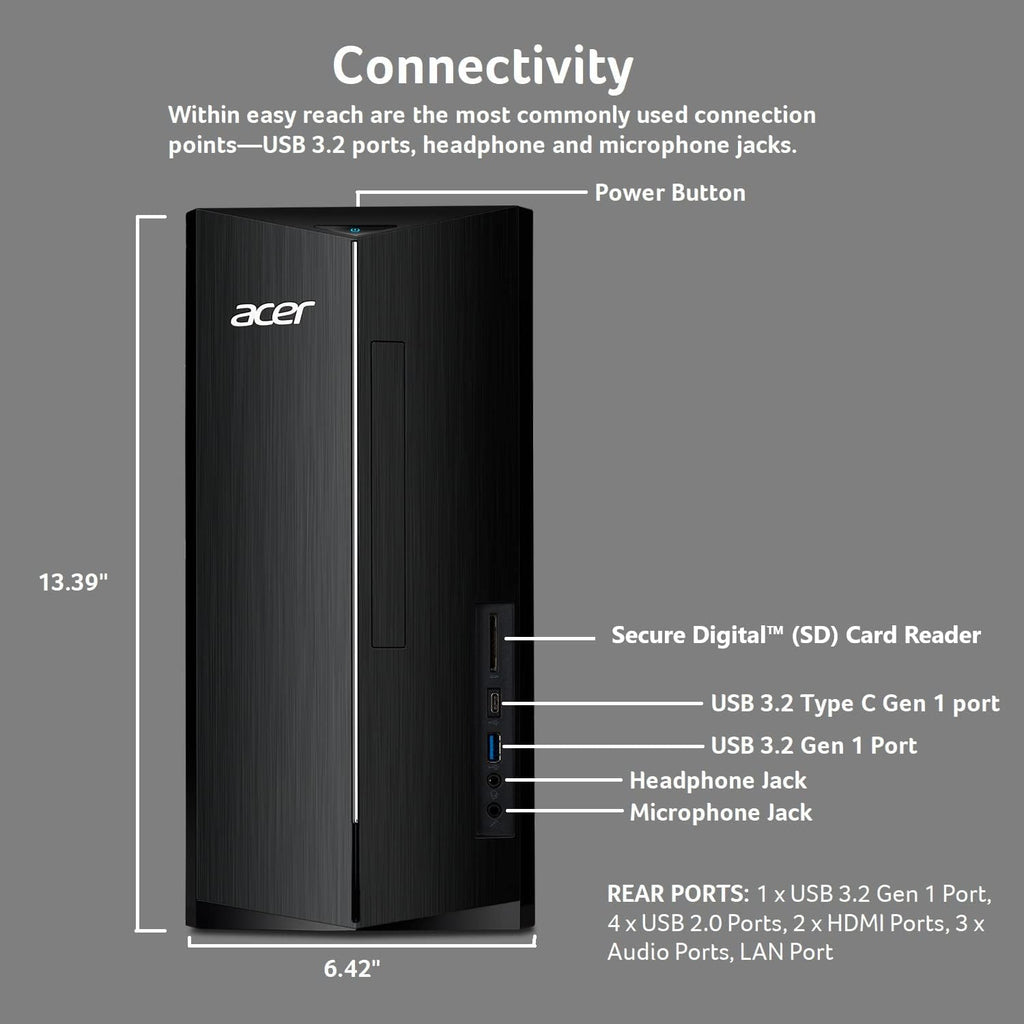 acer Aspire TC-1780-UA92 Desktop | 13th Gen Intel Core i5-13400 10-Core Processor | 8GB 3200MHz DDR4 | 512GB M.2 2280 PCIe Gen 4 SSD | SD Card Reader | Intel Wi-Fi 6E AX211 | Windows 11 Home,Black