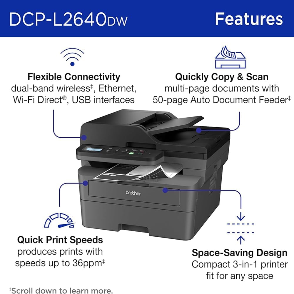 Brother DCPL2640DW Wireless Compact Monochrome Multi-Function Laser Printer Bundle High-Yield Toner, Black Twin Pack (3,000 Pages/Cartridge)