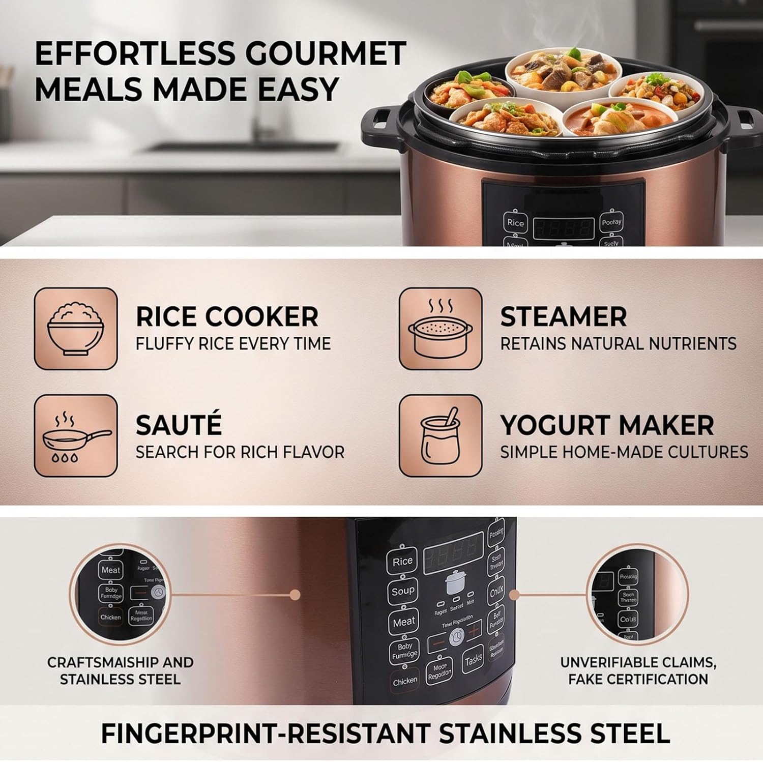 Fockety Electric Pressure Cooker, 6L Multi Rice Cooker, Slow with Stainless Steel Sides, Smart Programs and Overheat Protection for Pressure Cooking, Soup, Yogurt and Rice (US Plug 110V)