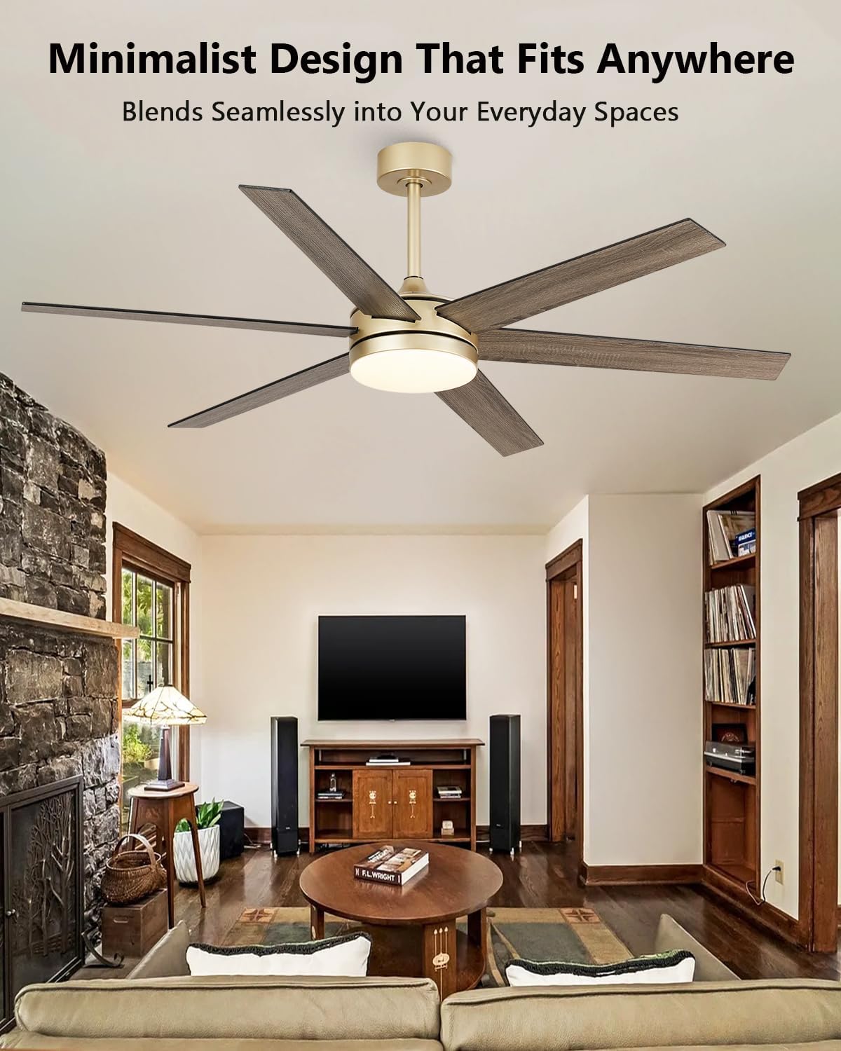 60 Inch Large Gold Ceiling fan with Lights and Remote/APP, Modern Black and Gold Ceiling Fan for bedroom Living Room Shop with 3CCT, 6-Speeds, Timer, 5 Blade Indoor Sleek Brass Fandelier