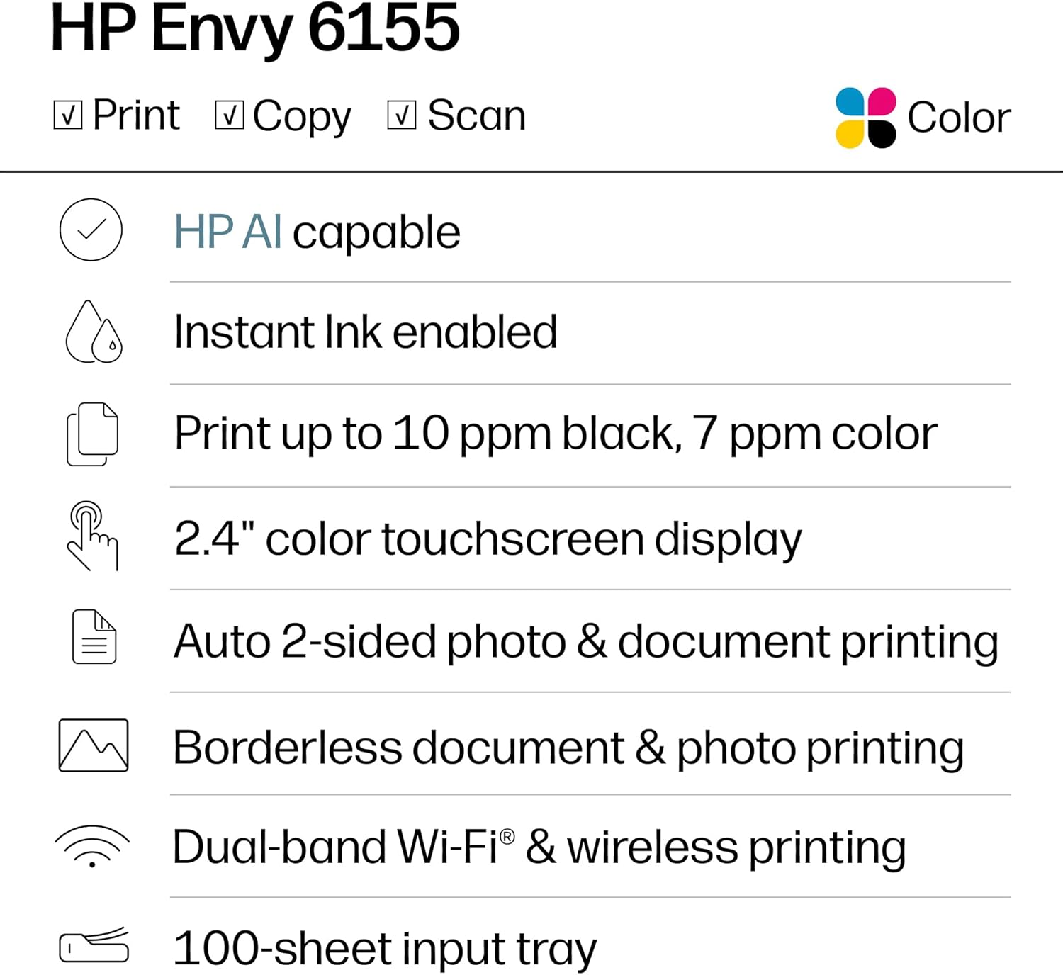HP Envy 6155 Wireless All-in-One Color Inkjet Printer, Print, Scan, Copy, Duplex Printing Best-for-Home, 3 Month Trial of Instant Ink Included, AI-Capable (C2WR7A) Portobello