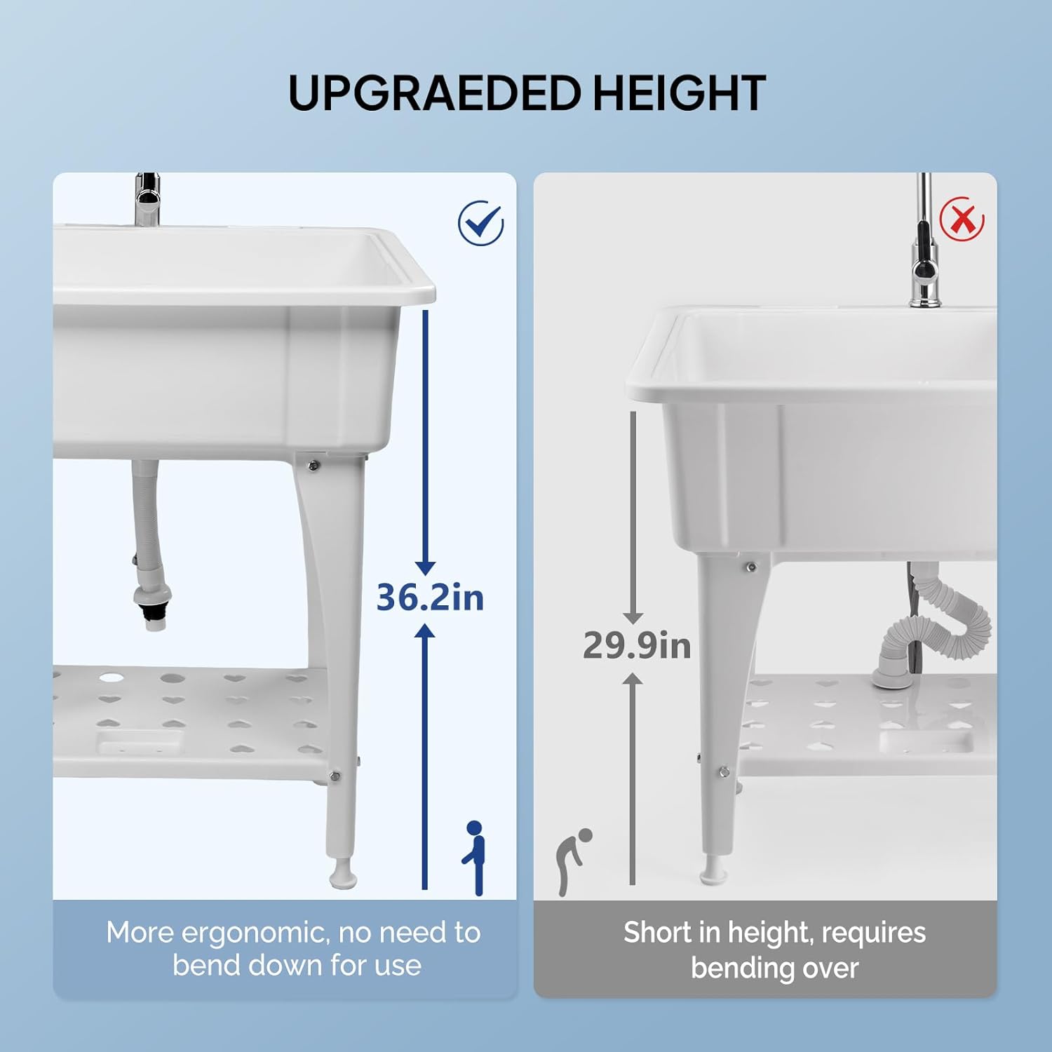 VINGLI Spacious White Utility Sink Laundry Tub for Laundry Room, Garage Washing Station, Slop Sink, Freestanding Sink with Stainless Steel Faucet, Drain, Storage Shelf and Removable Drainboard,White