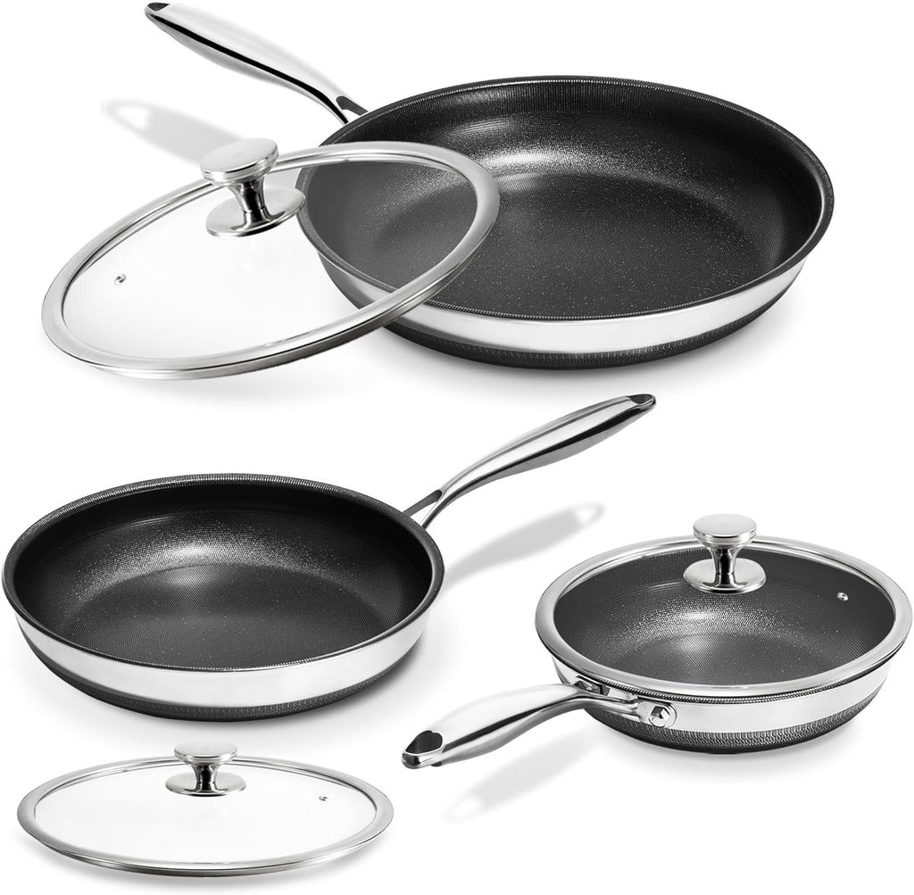 KOKHUB Nonstick Frying Pans with Lids, 8", 10", 12" Titanium Ceramic Tri-Ply Stainless Steel Skillet Set, Non-Toxic, PFAS/PFOA/PTFE Free, Dishwasher & Oven Safe, Induction Compatible