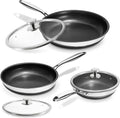 KOKHUB Nonstick Frying Pans with Lids, 8", 10", 12" Titanium Ceramic Tri-Ply Stainless Steel Skillet Set, Non-Toxic, PFAS/PFOA/PTFE Free, Dishwasher & Oven Safe, Induction Compatible