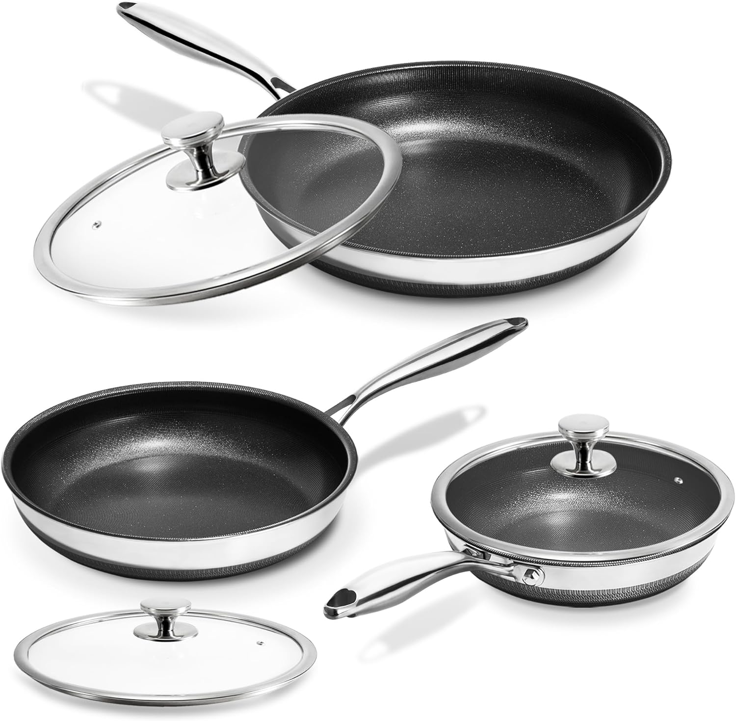 KOKHUB Nonstick Frying Pans with Lids, 8", 10", 12" Titanium Ceramic Tri-Ply Stainless Steel Skillet Set, Non-Toxic, PFAS/PFOA/PTFE Free, Dishwasher & Oven Safe, Induction Compatible