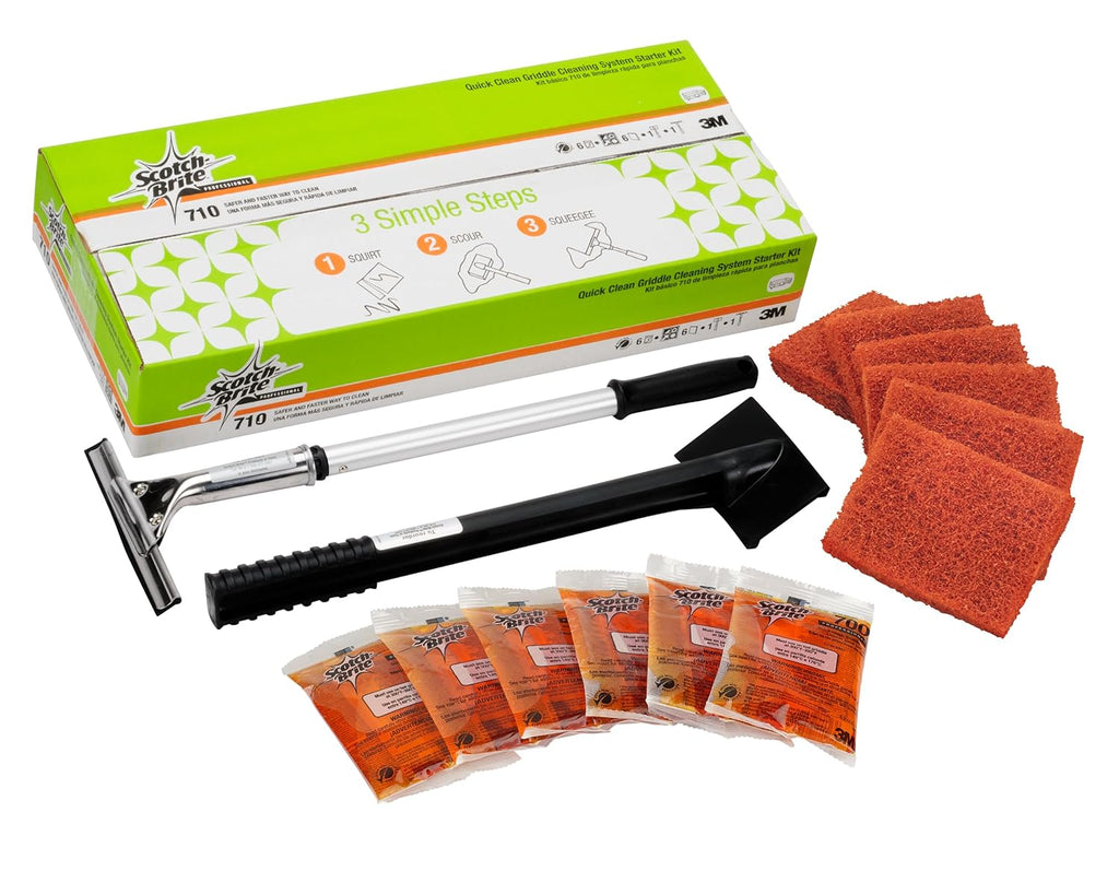 3M Scotch-Brite Griddle Cleaning, Quick Clean System, Heavy Duty, Cleans in 3-5 Minutes, For Baked On Food and Cooking Oils, Use on Hot or Cool Griddle, Orange, (1 System)