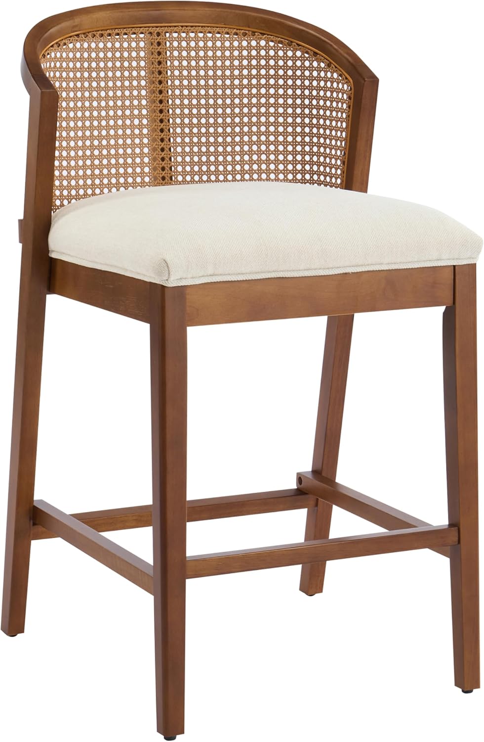 Christopher Knight Home JENA Rattan Counter Stools Set of 2, Counter Height Bar Stools for Bar Table, Rubberwood Frame with Upholstered Barstools, Wood Accent Chair with Footrest, Beige + Walnut
