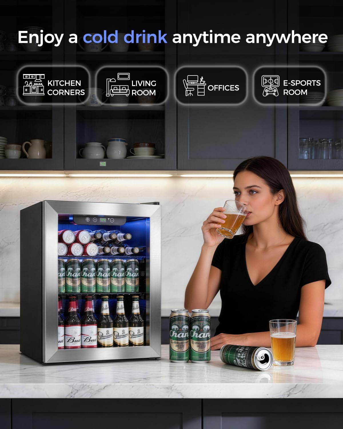 Feelfunn 1.7 Cu.Ft Beverage Refrigerator Cooler - 68 Can Mini Fridge Glass Door for Drink Soda Beer Wine - Small Refrigerator for Bedroom Office Home Dorm Bar, Silver