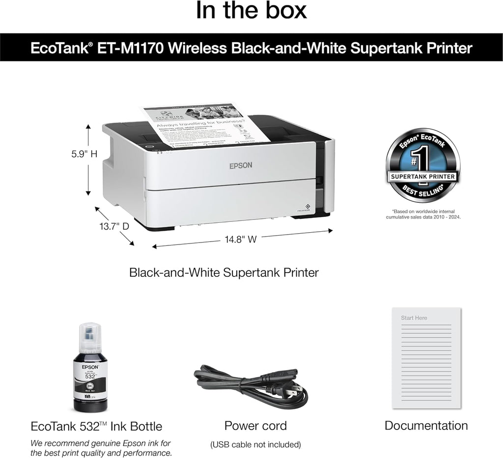 Epson EcoTank ET-M1170 Wireless Monochrome Supertank Printer with Ethernet PLUS 2 Years of Unlimited Ink*,White