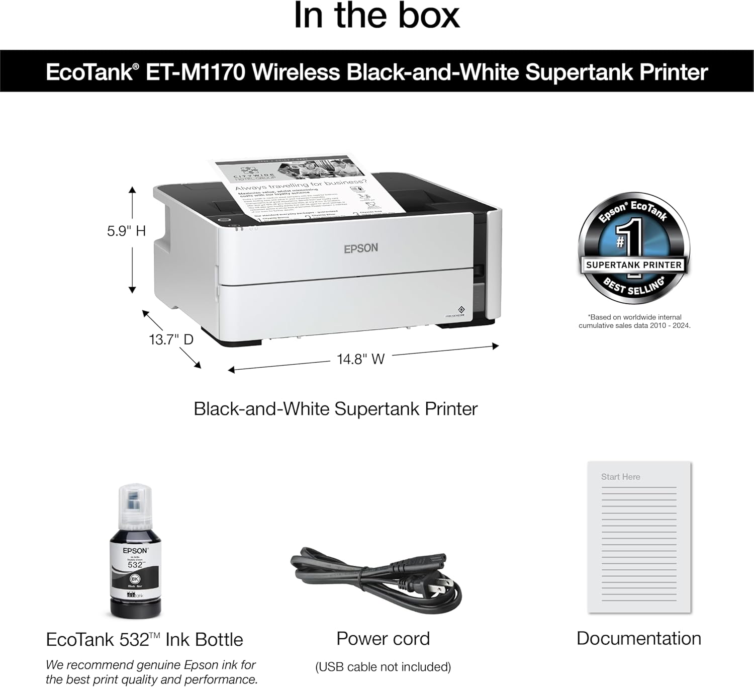 Epson EcoTank ET-M1170 Wireless Monochrome Supertank Printer with Ethernet PLUS 2 Years of Unlimited Ink*,White