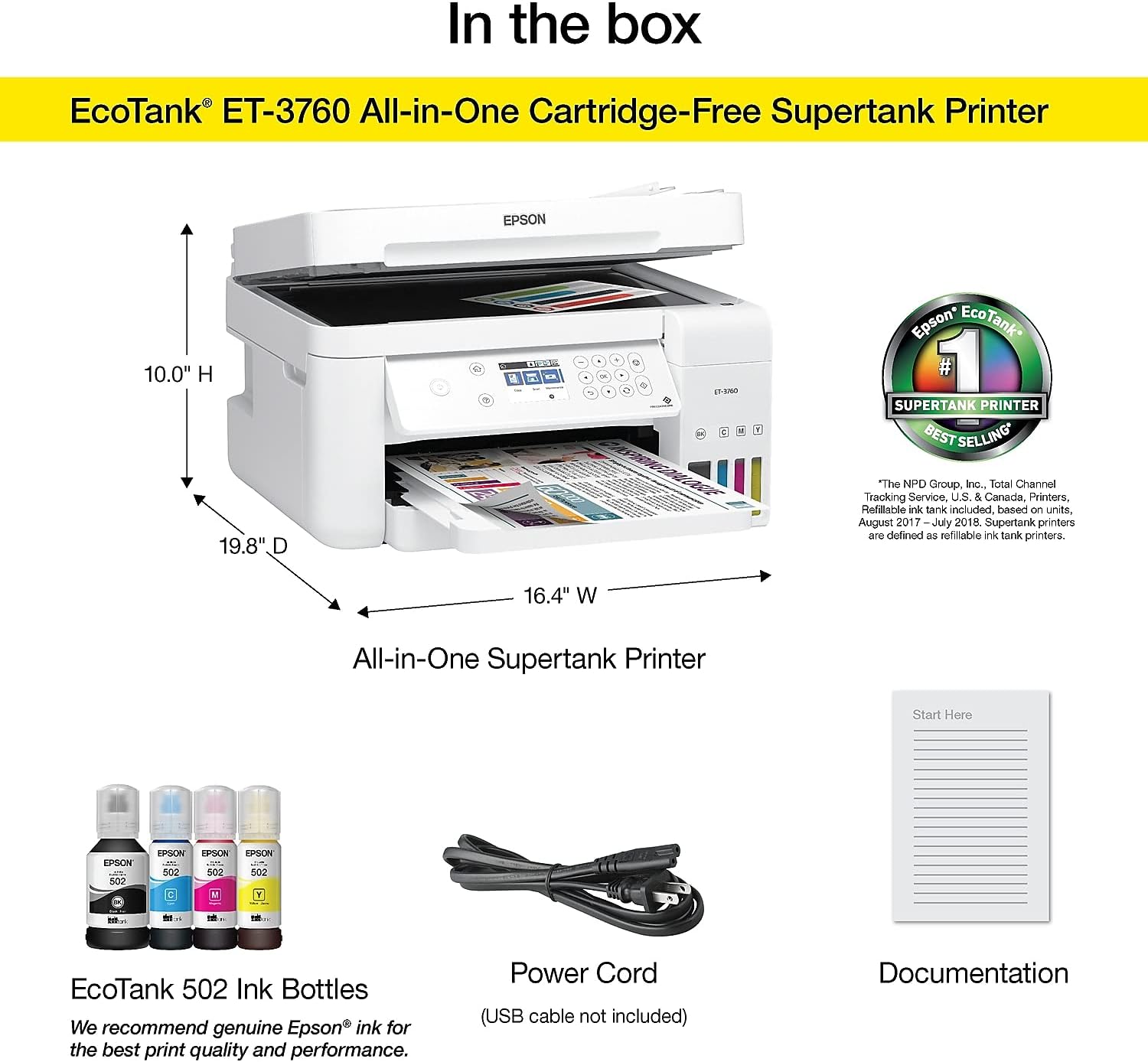 Epson EcoTank ET-3760 Wireless Color All-in-One Cartridge-Free Supertank Printer with Scanner, Copier and Ethernet, Regular
