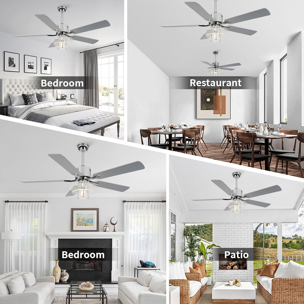 52" Ceiling Fan with Light Modern Chrome Chandelier Fan Reversible DC Motor Quiet Fandelier with 5 Blades for Bedroom, Living Room, Patios, Shop, Ventilador de Techo