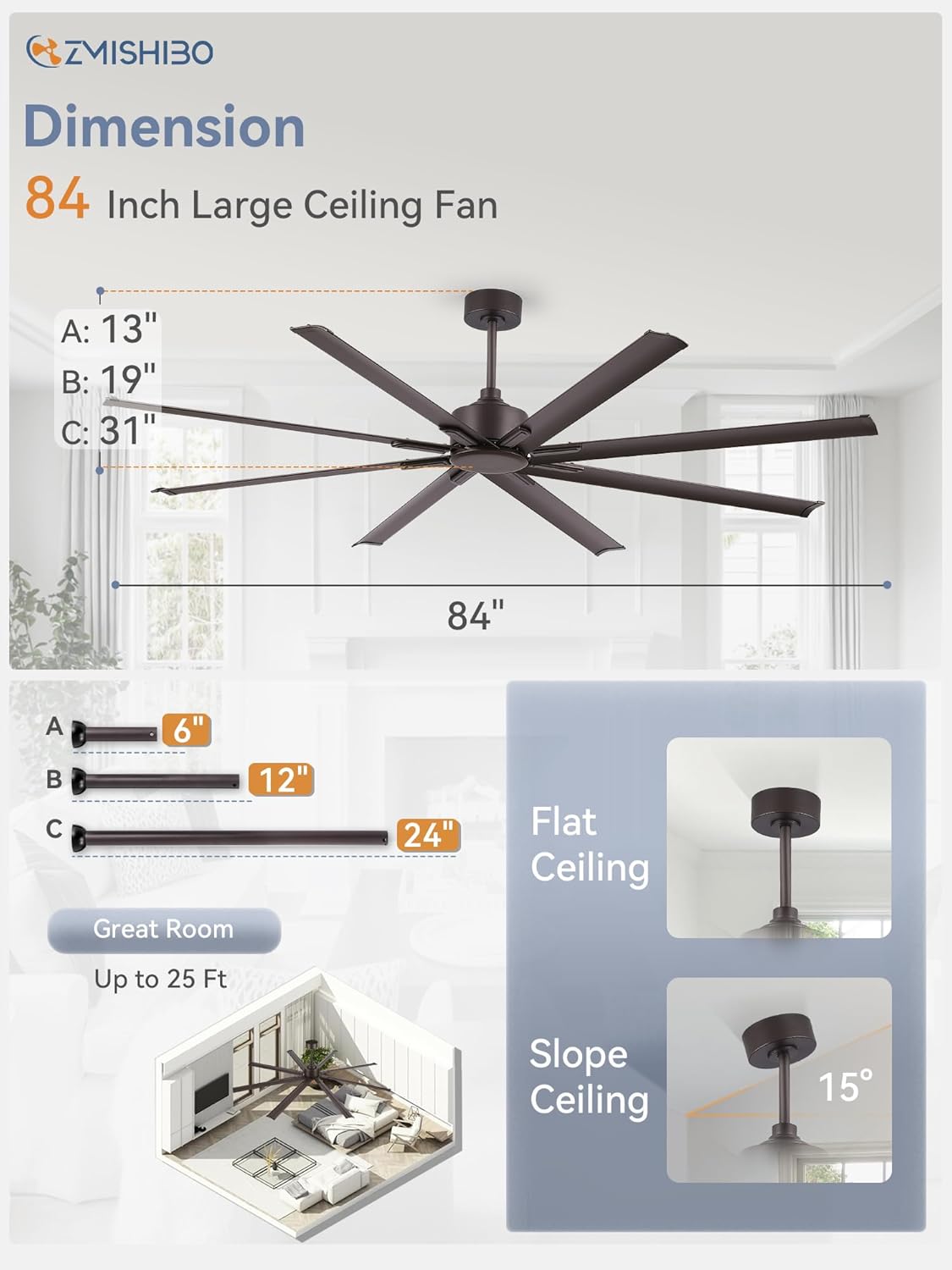 ZMISHIBO 84 Inch Ceiling Fans No Light, Large Industrial Ceiling Fan with 8 Aluminium Blades, Quiet DC Motor, 6 Speeds, Modern Ceiling Fan without Light for Garage/shop/living room,Oil-bronze