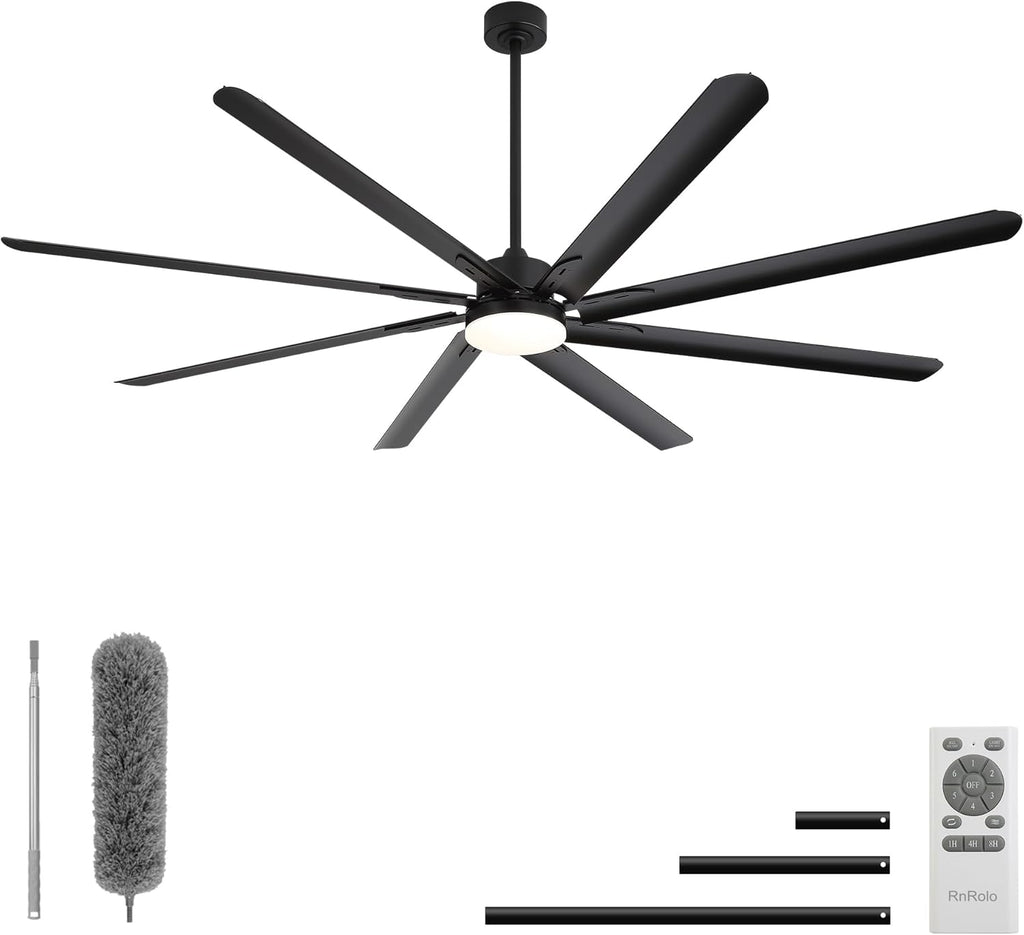 84 Inch Celing Fan with Light and Remote, Large Celing Fan with 8 Black Aluminum Blades, 6 Wind Speeds, Quiet DC Motor, HVLS Ceiling Fan for Living Room Garage Patio Gym Shop