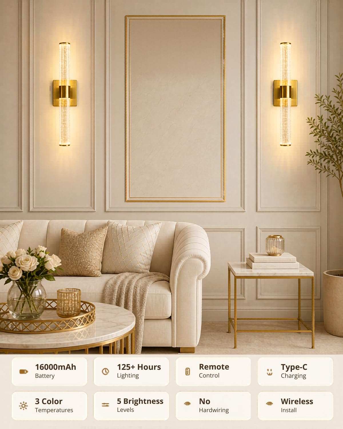 Wall Sconces Set of Two,Guwikou Battery Operated Wall Sconce with 16000mAh Large Capacity,Smart Auto-Off,Rechargeable Wall Lights with 30ft Control rang for Bedroom, Living Room,Bathroom,15.8- Inch