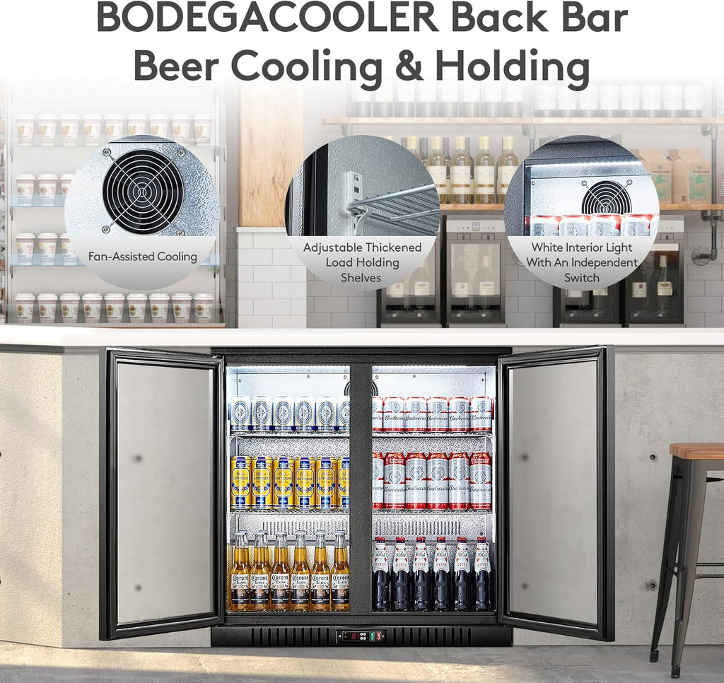 BODEGACOOLER 35.4 Inch Under Counter Beverage Refrigerator, 2 Door Back Bar Cooler, Dual Zone 32–50°F, 7.4 Cu.Ft Built-in or Freestanding Glass Door Fridge with LED Lighting, Holds 216 Cans/62 Bottles