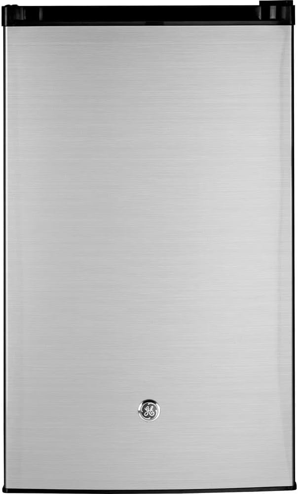 GE Mini Fridge With Freezer | 4.4 Cubic Ft. | Single-Door Design With Glass Shelves, In-Door Can Rack & Small Freezer | Small Refrigerator Perfect for the Garage, Dorm Room, or Bedroom | Clean Steel