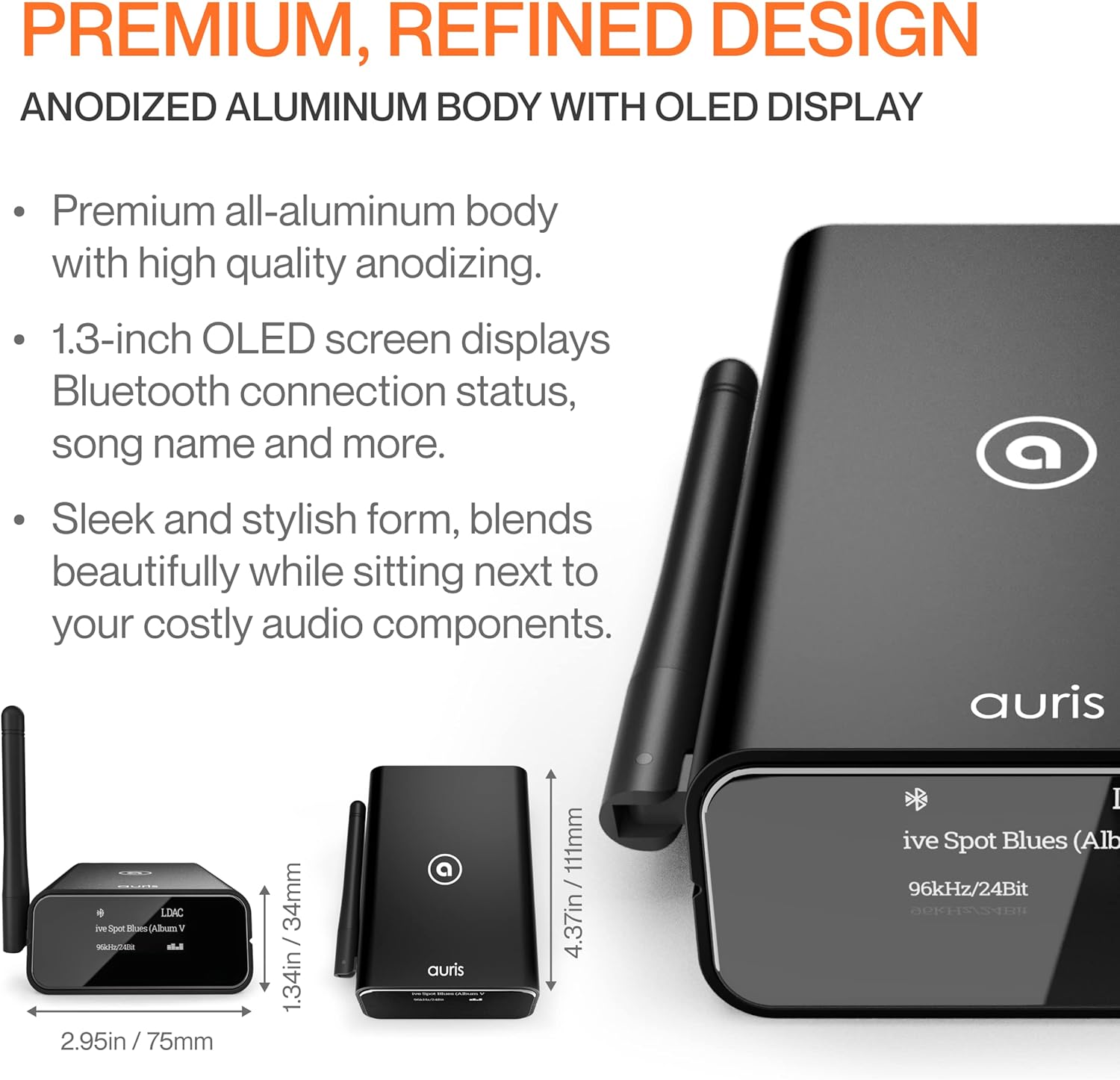Auris Blume Pro HiFi Bluetooth 5.3 Music Receiver Long Range Bluetooth Adapter with Audiophile DAC, LDAC, aptX HD, OLED Display & Optical Coaxial AUX Output for Home Stereo, AV Receiver or Amplifier